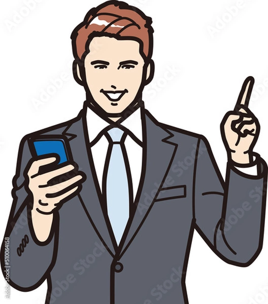 Obraz スマホを持ち説明するビジネスマン