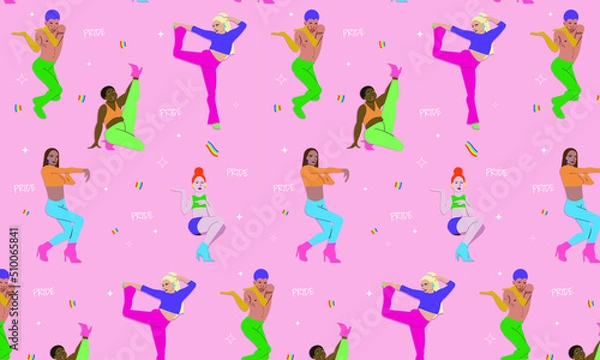 Fototapeta Seamless pattern with dancing people, voguing, LGBT ballroom, vogue, seamless pride pattern, LGBT+ illustration, dancing people vector