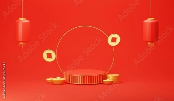 Obraz 3d illustration of podium with chinese lantern happy chinese new year