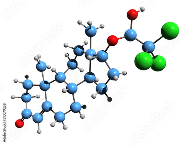 Fototapeta  3D image of Cloxotestosterone skeletal formula - molecular chemical structure of anabolic–androgenic steroid isolated on white background
