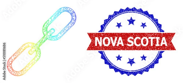 Fototapeta Net mesh chain link carcass illustration with spectrum gradient, and bicolor textured Nova Scotia seal stamp. Red stamp seal has Nova Scotia tag inside blue rosette.