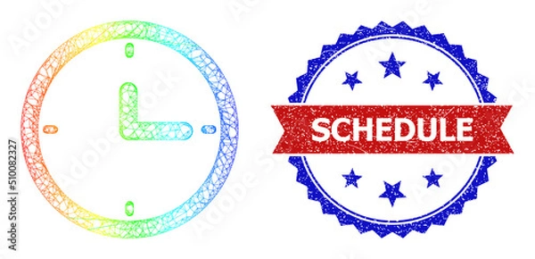 Fototapeta Net clock carcass icon with rainbow gradient, and bicolor dirty Schedule seal stamp. Red seal has Schedule tag inside blue rosette. Colored carcass net clock icon.