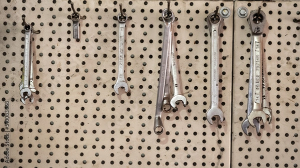 Fototapeta Tools in mechanic garage car service. Mechanic kit of tool in a service auto tools, Car repair.