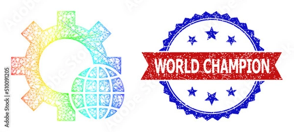 Obraz Mesh net world settings frame icon with spectrum gradient, and bicolor unclean World Champion stamp. Red stamp seal includes World Champion text inside blue rosette.