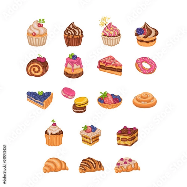 Fototapeta set of sweets cake dessert, hand-drawn illustration. Vector
