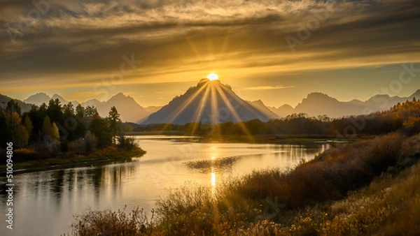 Obraz Sun atop of the mountain at Oxbow Bend in Grand Teton National Park