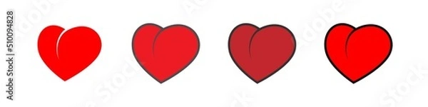 Fototapeta Vector icons of hearts with different shades of red with black outlines on a white background.