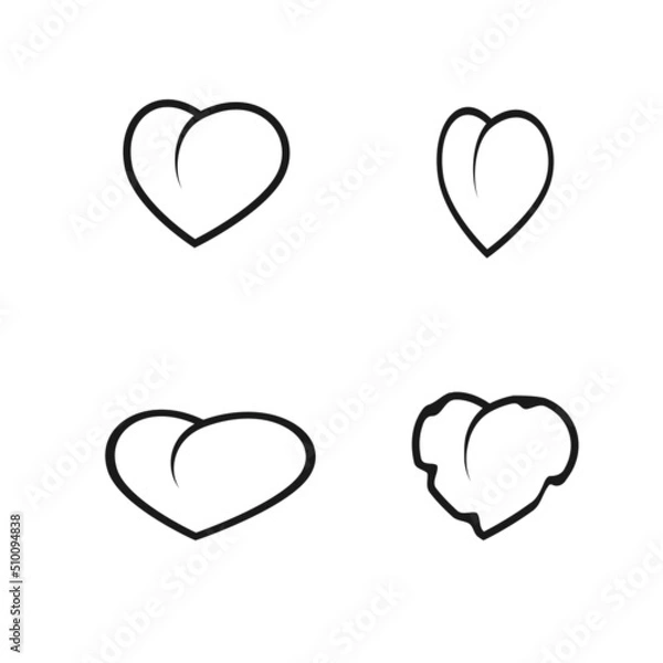 Fototapeta Vector icons of hearts of different shapes with black outlines on a white background.