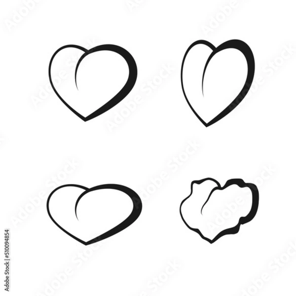 Fototapeta Set of vector icons of hearts of different shapes with black dynamic contours on a white background.