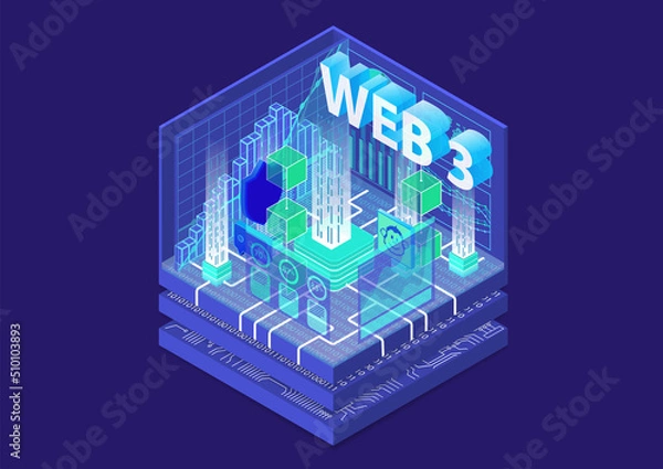 Obraz Web 3.0 isometric vector illustration. Next generation internet concept as dark IT background with glow effect.