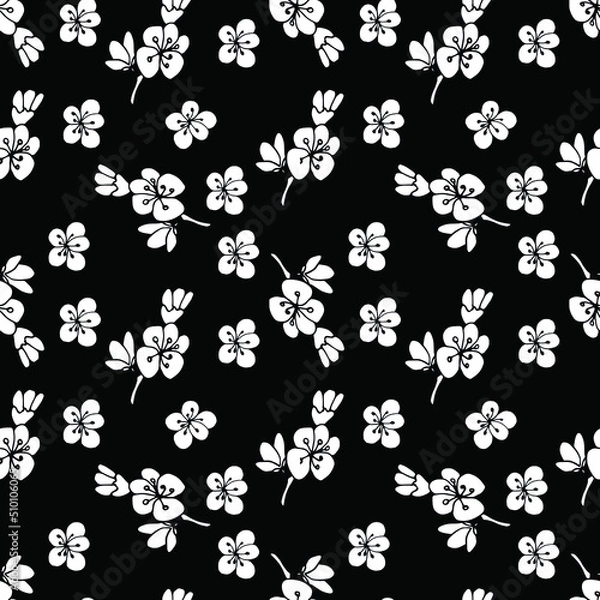 Obraz Sakura  seamless pattern on black background. Vector illustration in boho style for wrapping paper, textile, backgrounds.