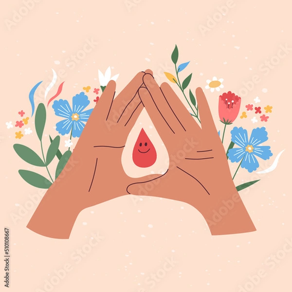 Fototapeta Female regular menstrual cycle concept. Menstrual period, menstruation, premenstrual syndrome, overies vector illustrations. Hand draw female hands and a blood drop with flowers.