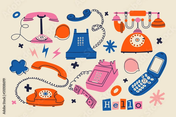 Fototapeta A tren set of various vintage telephones. Hand-drawn colourfu wire and cell phones. Flat vector illustration with retro gadgets. Isolated dial telephone, wireless telephone, phone systems, handset, de