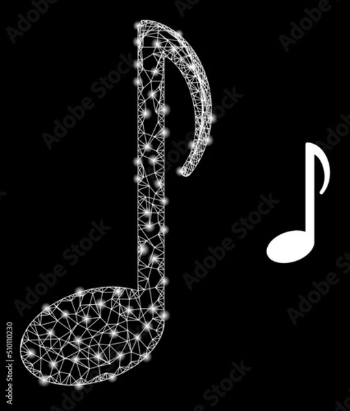 Fototapeta Crossing mesh music note framework icon with light spots. Illuminated vector model is created from music note icon. Vector carcass mesh music note icon.