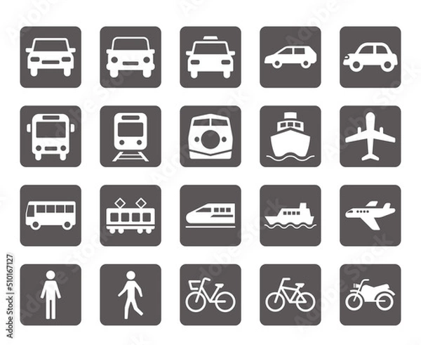 Obraz 交通手段・乗り物のシンプルな白ヌキ角丸正方形アイコンセット