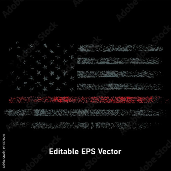 Fototapeta Distressed Thin Red Line American Flag T-Shirt Vector Design, Grunge USA Firefighter with thin red line shirt.
