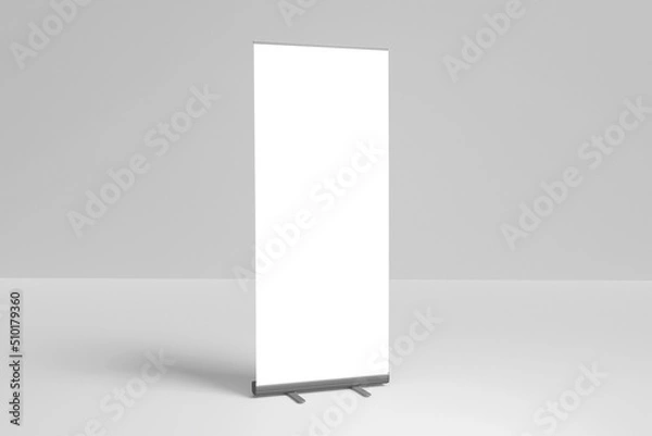 Fototapeta Blank white roll-up banner display mockup, isolated, 3d rendering.