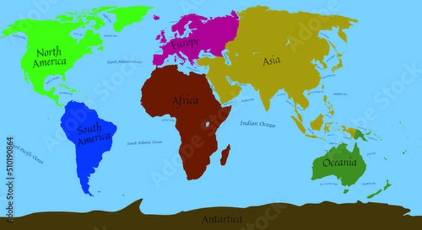 Fototapeta Map of Continent Asia Europe Africa Antarctica Oceania North America and South America with All sea and ocean names
