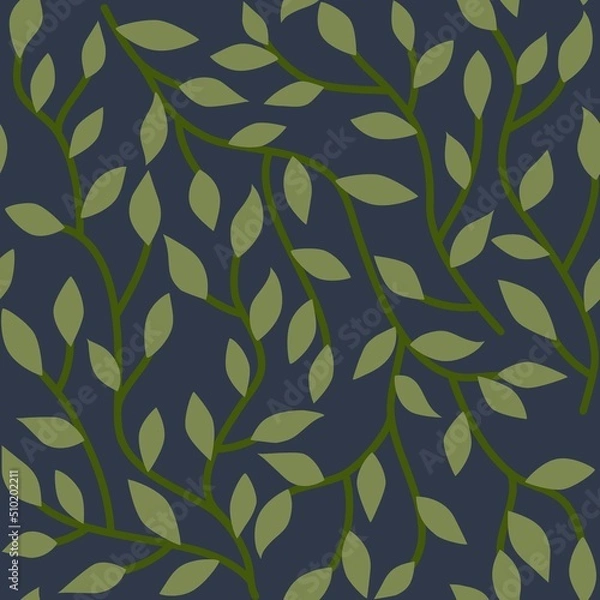 Fototapeta Seamless pattern with green branches and leaves on the dark background. Hand drawn simple botanical pattern for wrapping, packaging, print and scrapbooking. Perfect for linen and cotton fabric.