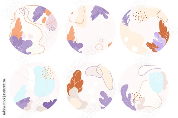 Fototapeta Vector highlight story cover icons for social media. Abstract minimal organic circle backgrounds in modern style with floral elements pastel colors.Can be used as icons, cover, sticker, emblem, logo 