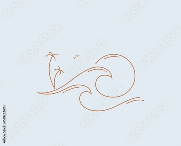 Fototapeta Thin lined minimalistic summer sun and ocean wave or sea tropical logo or icon design template isolated on blue background. Vector illustration