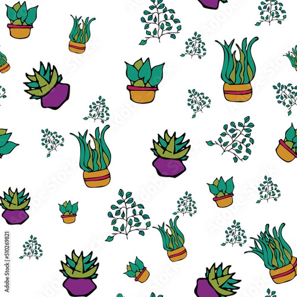 Fototapeta Vector white background plant in pot, succulents seamless pattern. Seamless pattern background
