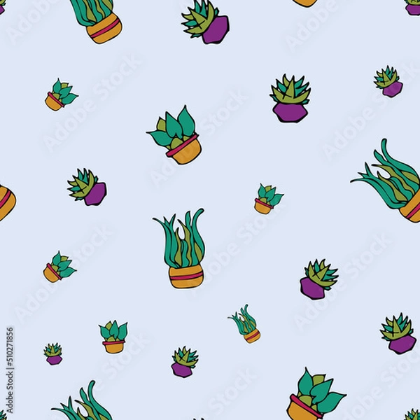 Fototapeta Vector white background plant in pot, succulents seamless pattern. Seamless pattern background