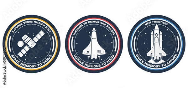Fototapeta Space mission patch: space rockets and satellite. Venus, Mars and Saturn сircle badge. Science and space exploration labels and patches. Realistic space mission badges with vehicles.
