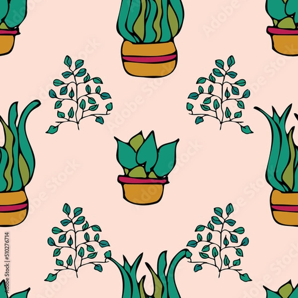 Fototapeta Vector white background plant in pot, succulents seamless pattern. Seamless pattern background