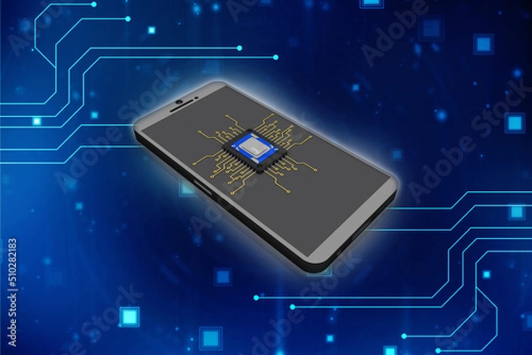 Fototapeta 3d rendering microchips with mobile phone
