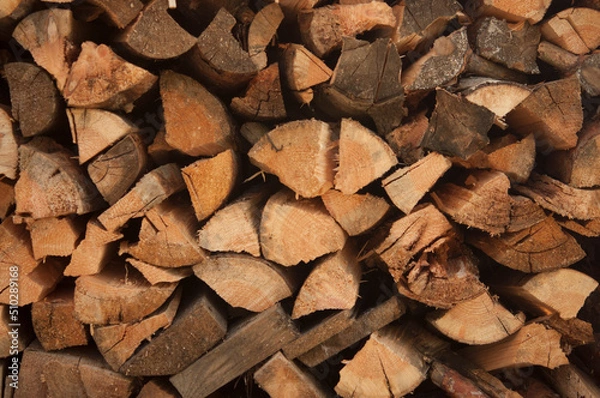 Fototapeta wall firewood, Background of dry chopped firewood logs in a pile
