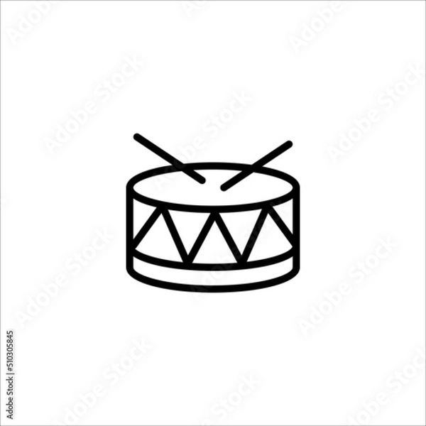 Fototapeta Drum and drumstick icon. Drum musical instrument outline vector icon. Musical instrument symbol isolated on white background. Symbol, logo illustration. Vector graphics