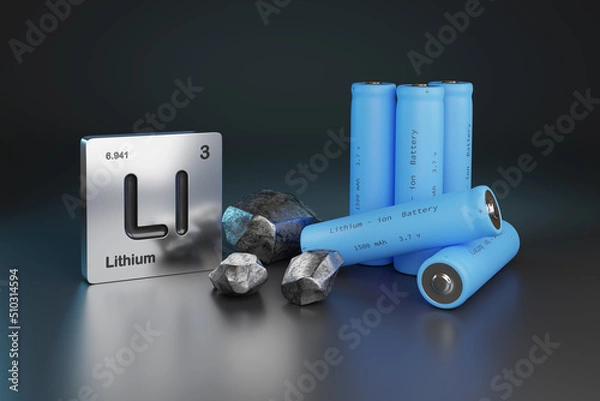 Obraz Lithium - ion batteries , metallic lithium and element symbol. 3d illustration.