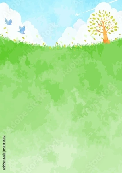 Fototapeta 手描きの草原と樹木の風景イラスト