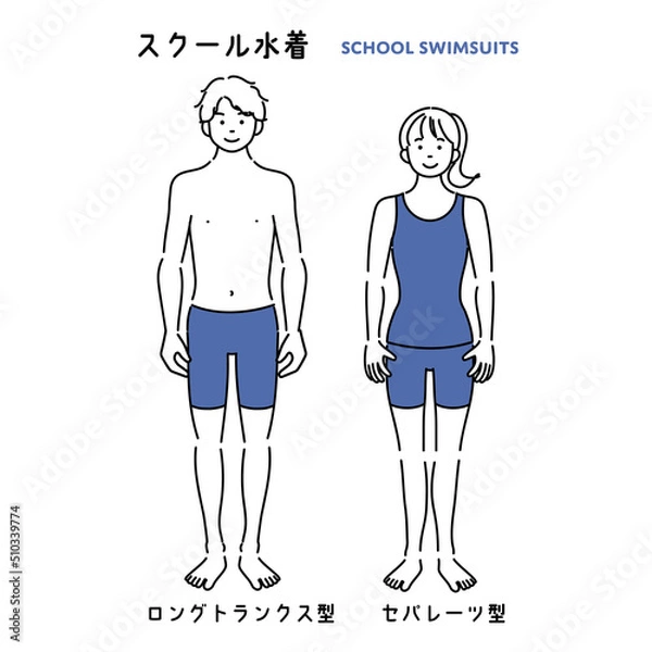 Fototapeta スクール水着を着た男女の学生のシンプルイラスト