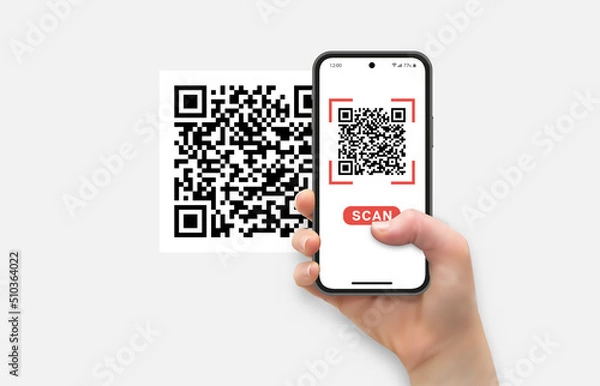 Obraz Hand holding and touching smartphone screen with thumb, Scan qr code, vector illustration