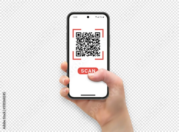 Obraz Woman hand holding and touching smartphone screen with thumb, Scan qr code, vector illustration