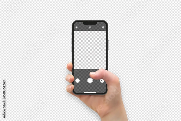Obraz Woman hand holding and touching smartphone screen with thumb, shoot Selfie, vector illustration