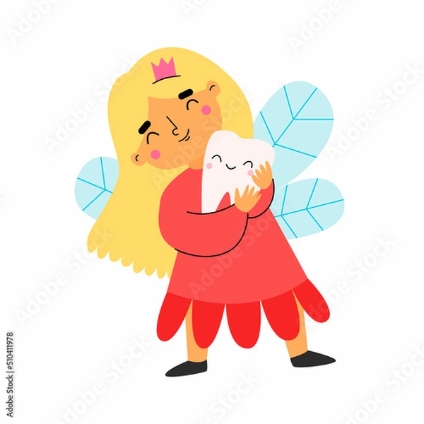 Fototapeta Cute tooth fairy hugs a tooth. Vector illustration