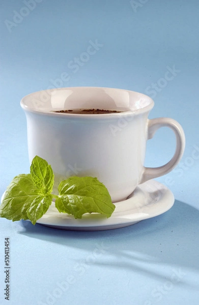 Obraz hot tea with mint on a blue background