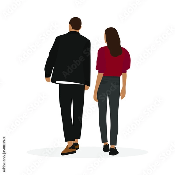 Obraz Male character and female character are walking forward on a white background