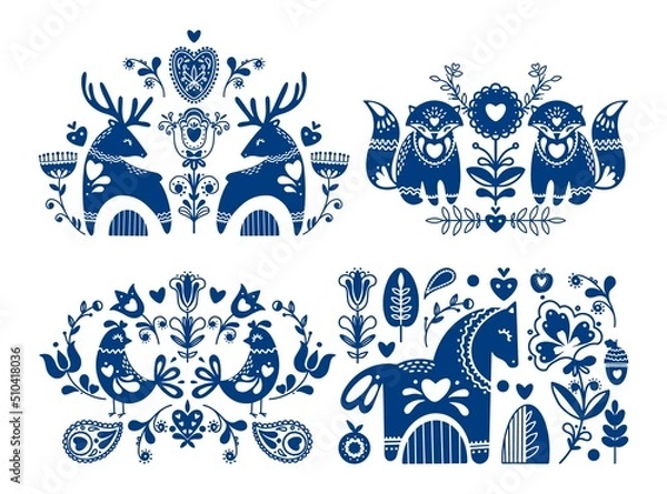 Obraz Vector set of folk motives and ornaments. National traditional ornaments with decorative animals, flowers and plants. Floral and animal folk compositions.