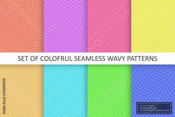Fototapeta Collection of vector colorful seamless wavy patterns. Striped endless curve textures. Bright repeatable minimalistic backgrounds