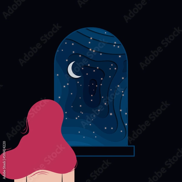 Fototapeta Redhead woman looking at the sky through the window. Dark sky with moon and bright stars in paper cutout effect. Midnight background. Vector illustration.