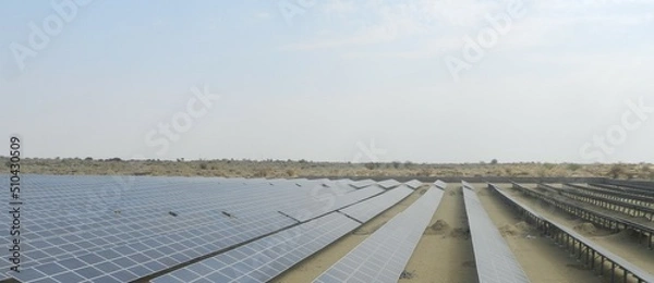 Obraz Solar power is the conversion of renewable energy from sunlight into electricity this plant is in Rajasthan, India
