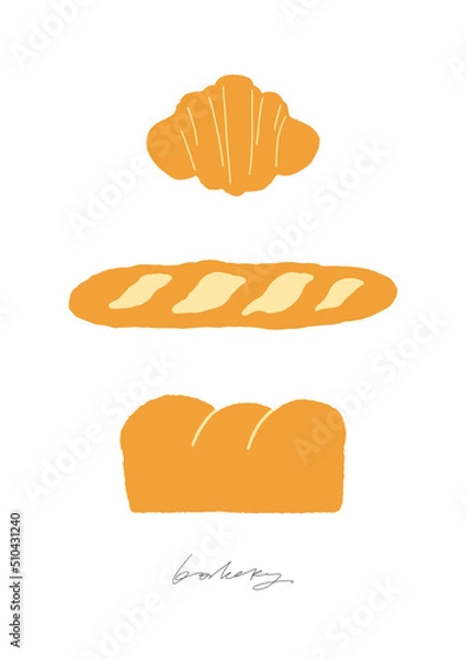 Fototapeta Bread, baguette and croissant illustration. Set of bakery elements on the white background
