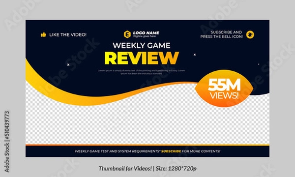 Fototapeta Gaming video thumbnail for streaming and game review. Game review thumbnail. Editable video thumbnail design. Editable video thumbnail Premium Vector, Customizable Thumbnails banner art Video cover.	