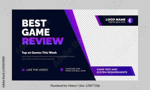 Fototapeta Gaming video thumbnail for streaming and game review. Game review thumbnail. Editable video thumbnail design. Editable video thumbnail Premium Vector, Customizable Thumbnails banner art Video cover.	