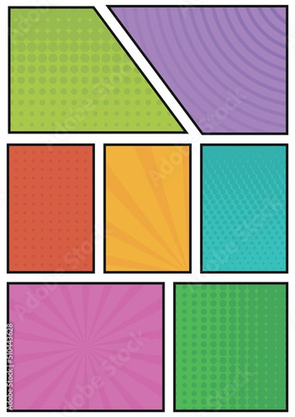Obraz Comic background size A4. Colorful comic panels layout with rays, dots, lines. Comic strip frame.