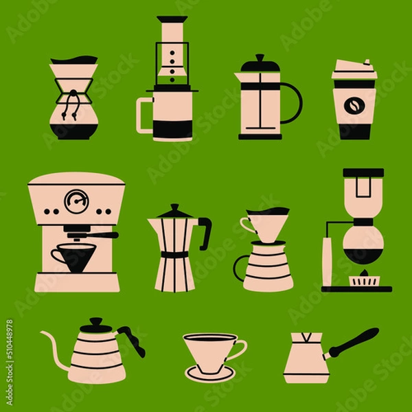 Fototapeta Brewing coffee methods and equipment for this. Set of isolated coffee illustrations. Aeropress, hario, pour over, geyser coffee maker, french press, kalita, filter coffee, coffee machine, cup, kettle